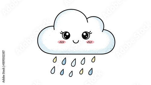 Cute little cartoon cloud with a happy smiling face and colorful falling raindrops on a clean white background.