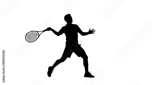 Silhouette of a male tennis player hitting a forehand shot.