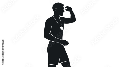 Silhouette of a lifeguard looking out with hand shading eyes.