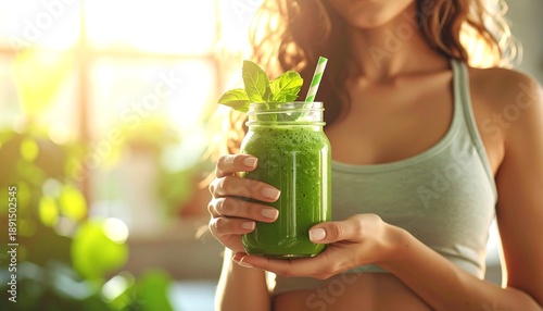 Young Woman Enjoying Healthy Green Smoothie