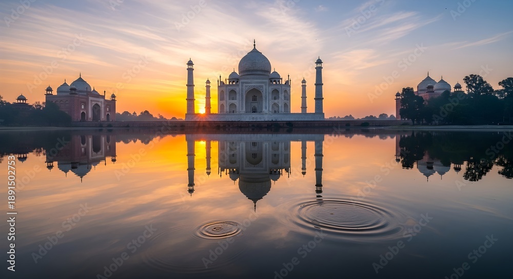 Fototapeta premium Taj Mahal Sunrise Reflection: Majestic Indian Monument at Dawn
