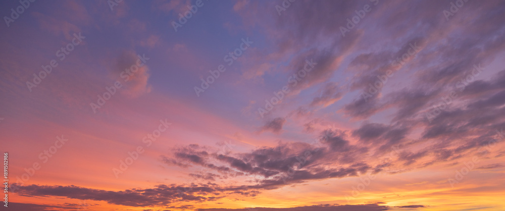 Fototapeta premium Breathtaking Cotton Candy Sunset Sky with Dreamy Pastel Clouds,A stunning wide-angle view of a twilight sky filled with soft, wispy clouds illuminated by vibrant shades of pink, purple, and orange,