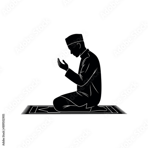 Man praying on prayer mat in silhouette illustration