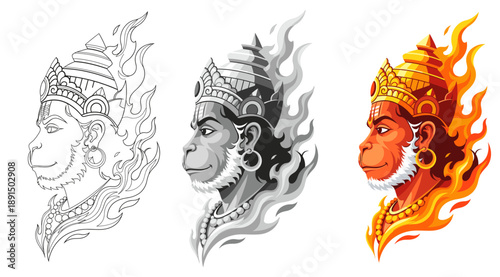 Lord Hanuman Vector Illustration Set - Line Art, Grayscale, and Color Versions