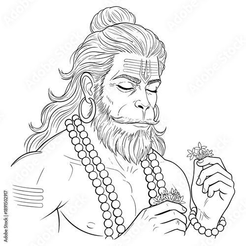 Lord Hanuman Line Art Illustration for Coloring Page and Spiritual Design