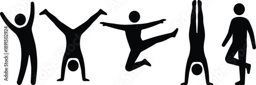 Five black silhouette figures in various dynamic poses on white background person