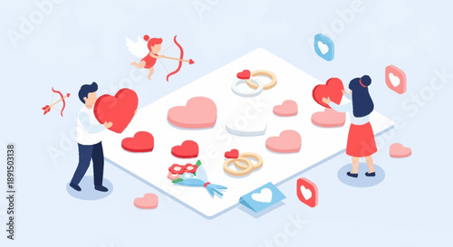 Couple surrounded by hearts and wedding rings in a romantic illustration.