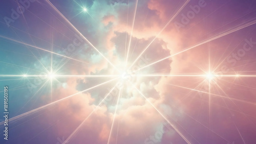 Celestial light beams radiating through soft pastel clouds