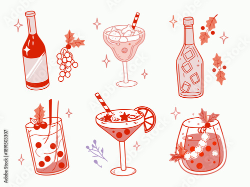 Festive red drinks and cocktail illustrations with botanical garnishes