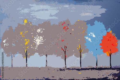 Fotografía Stylized landscape painting featuring silhouetted trees against a cloudy sky