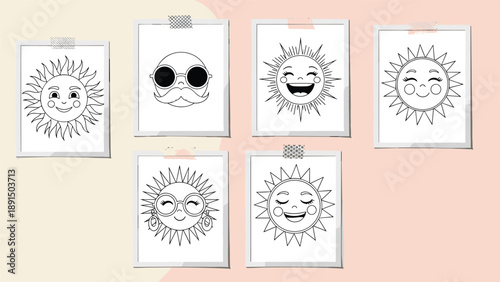 Diverse collection of cartoon sun characters with various expressions and accessories displayed as framed posters on a wall.
