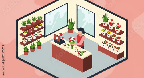 Isometric illustration of a florist working at a flower shop counter surrounded by plants and flowers.