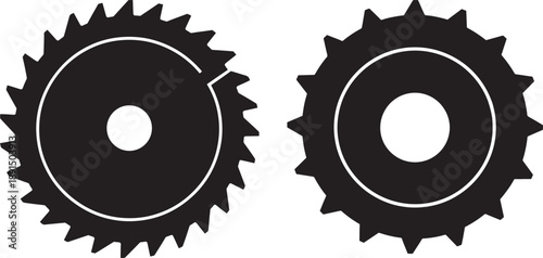 Two Circular Saw Blades in Silhouette and Outline, Tools for Woodworking and Construction
