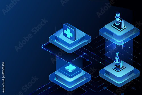 Futuristic medical technology concept with robotic arms and digital platforms