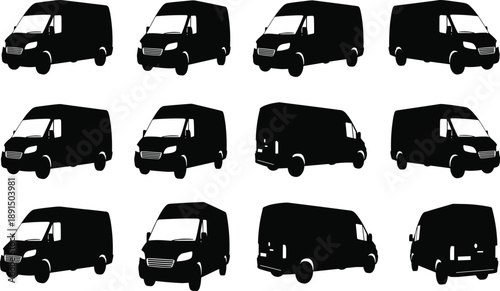 Twelve black silhouette cargo vans shown from multiple angles delivery van transport