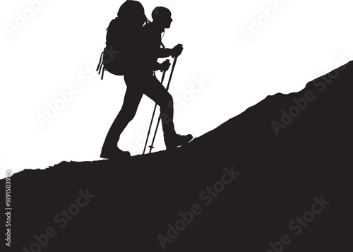 Silhouette of a hiker with backpack and trekking poles climbing a steep mountain slope, representing adventure and challenge