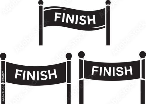 Set of three finish line banners for racing, competitions, and achievements, black and white vector graphics