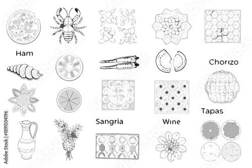 Black and white illustrations of food shells and decorative patterns