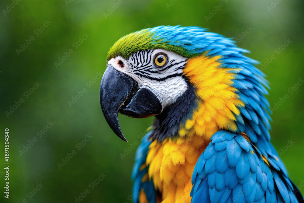 Obraz premium Close-up portrait of a vibrant blue and yellow macaw parrot in lush green foliage