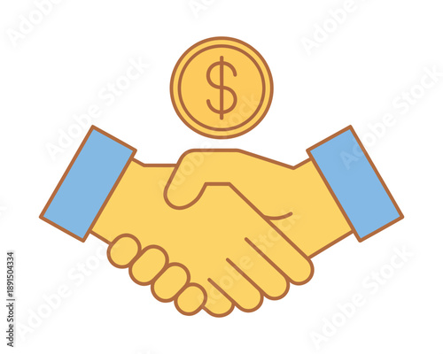 Illustration of two hands shaking in agreement with a gold coin featuring a dollar sign above them, symbolizing a business deal or financial transaction.