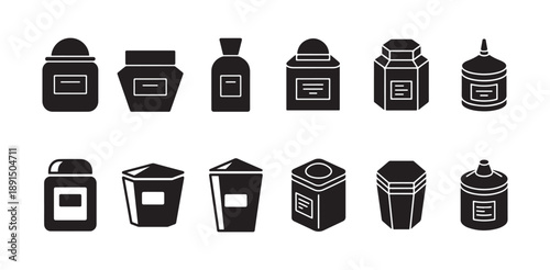 Collection of cosmetic or food containers with labels flat icon set