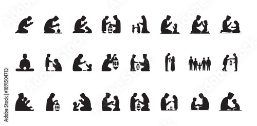 Set of muslim people praying, celebrating eid mubarak, and spending time with family flat icon