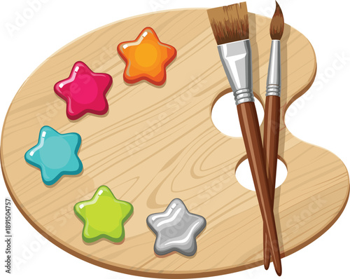 Wooden artist palette with colorful star shaped paint blobs and professional paintbrushes for creative art education, hobby painting, craft studio equipment, and fine arts school supplies on white.