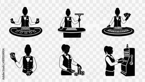 Casino Dealers and Slot Machine Icons: Professional Gambling Service Set