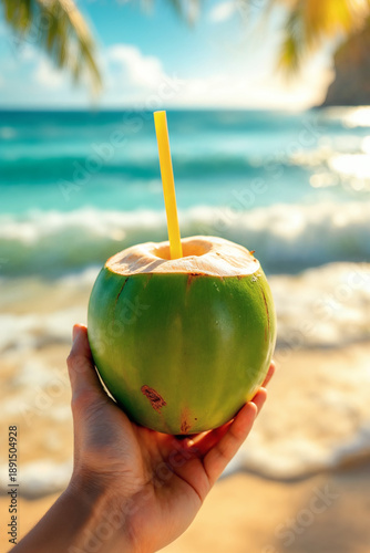 Hand holding a fresh green coconut with a yellow straw on a tropical beach with ocean waves