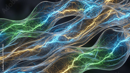 Abstract Neural Network Concept with Glowing Electrical Currents and Bioluminescent Veins