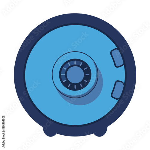 A stylized illustration of a round, blue security safe with a dark blue rim and a combination lock.