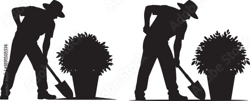 Gardening silhouettes of men digging near potted plants, depicting planting, landscaping, and outdoor work.