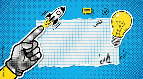 Hand pointing as a rocket launches beside a bright lightbulb symbolizing innovation and growth on grid paper.