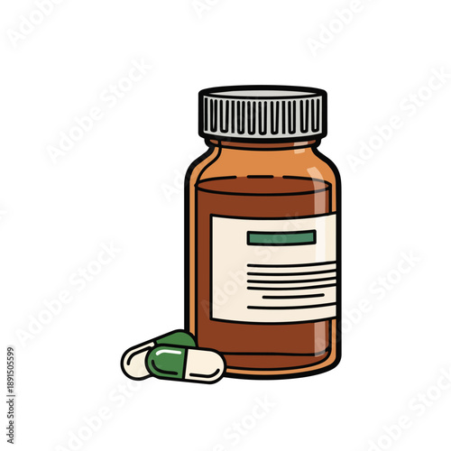 Cartoon illustration of a brown medical pill bottle with a white label, accompanied by two vibrant green and white capsules, symbolizing health, treatment, and pharmaceutical care