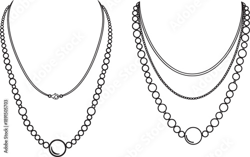 Elegant Pearl Necklace Designs: Two Classic Styles with Delicate Chains and Single Pearl Pendants, Vector Illustration