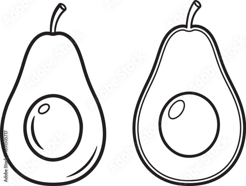 Outline illustration of two halves of an avocado with pits, symbolizing healthy fats and a nutritious diet. Simple vector art.