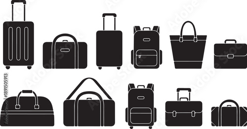 Collection of various luggage and travel bags in black silhouette