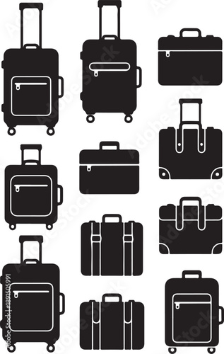 Collection of various suitcases and luggage bags in black silhouette