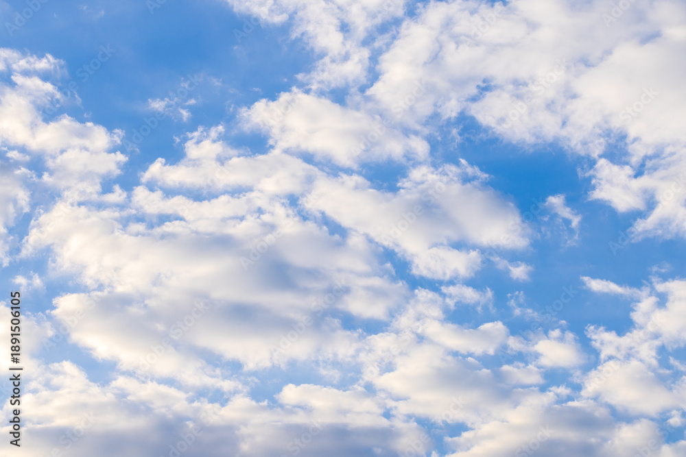Fototapeta premium Soft white clouds on a bright blue sky background,Beautiful fluffy white clouds scattered across a clear light blue sky. Perfect for use as a natural background, wallpaper, or design element.