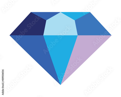A stylized, geometric representation of a brilliant-cut diamond, showcasing facets and vibrant blue and purple hues against a white background.
