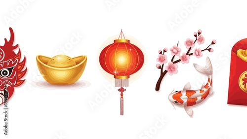 Chinese New Year Symbols: Dragon, Gold, Lantern, Koi Fish, Red Envelope