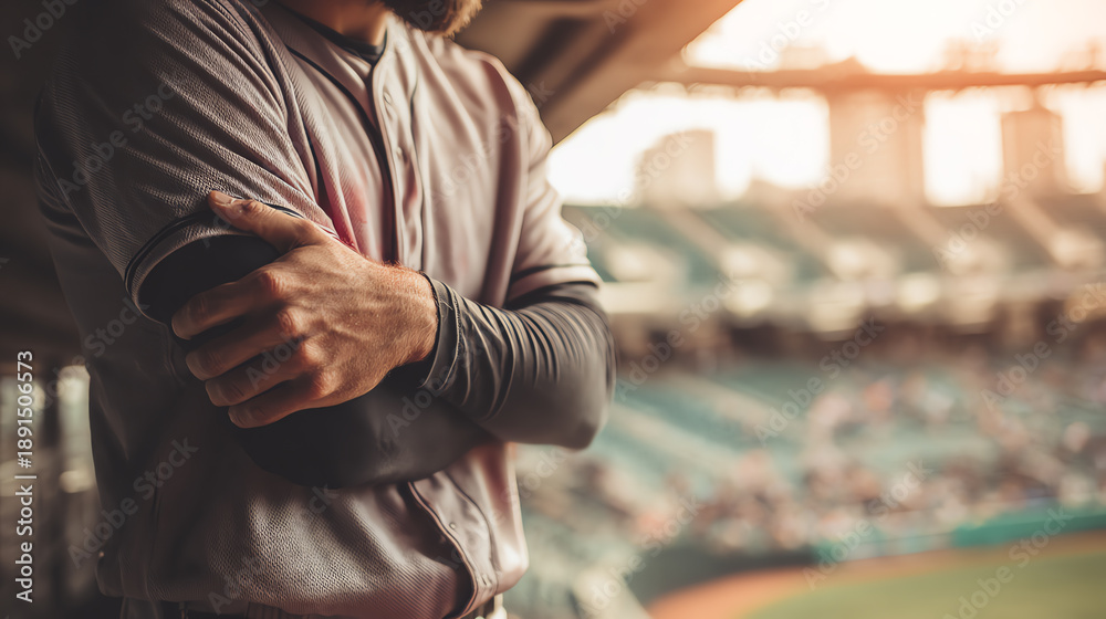 Obraz premium A close-up of a baseball player's arms crossed, showcasing athletic stance and readiness for the game.
