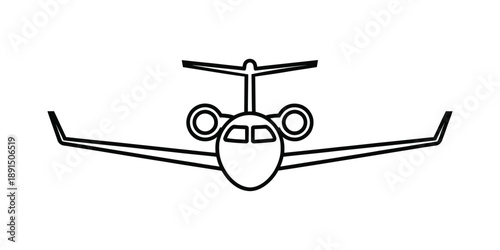 A minimalist black and white line drawing of a private jet airplane viewed from the front.