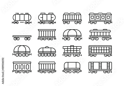Collection of various line art icons depicting different types of train freight wagons and railway cars.