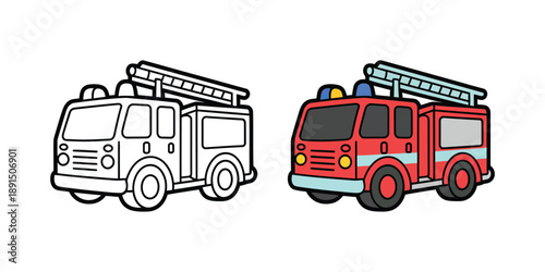 A cartoon illustration of a fire truck, presented in both outline and full color versions, showcasing its ladder and emergency lights.