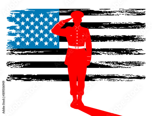 Silhouette of a soldier saluting in front of the American flag, with a distressed background