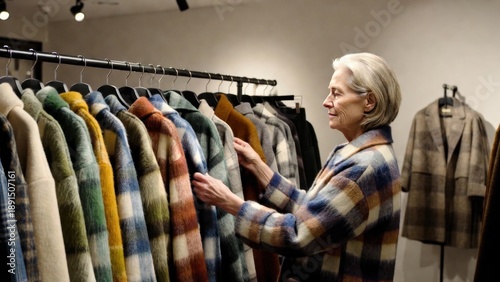 Mature caucasian woman shopping for colorful coats in fashion boutique.