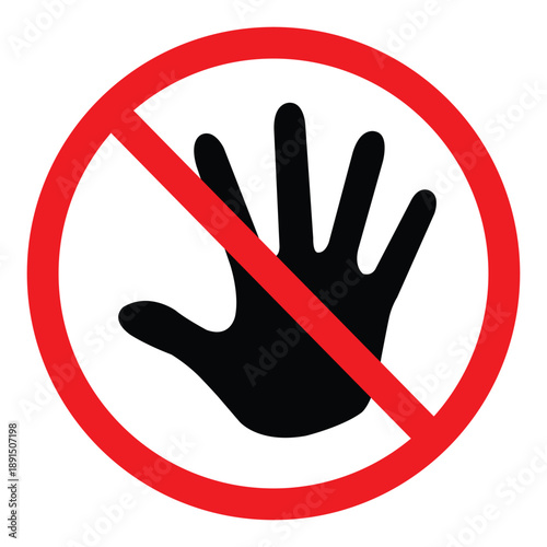 Do not touch warning icon. A black hand silhouette inside a red prohibition circle. Safety sign for fragile objects, sterile environments, or restricted surfaces to prevent contact.