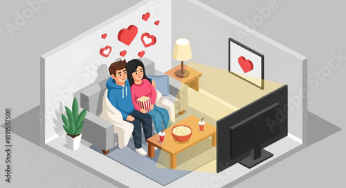 Couple sitting together on a couch in a cozy living room with hearts surrounding them.