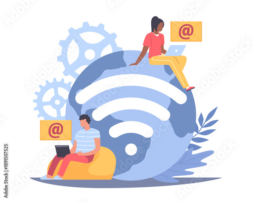 Remote work, communication technologies. Remote transactions and projects around world, WiFi symbol, internet connectivity, online remote access, digital vector cartoon isolated concept